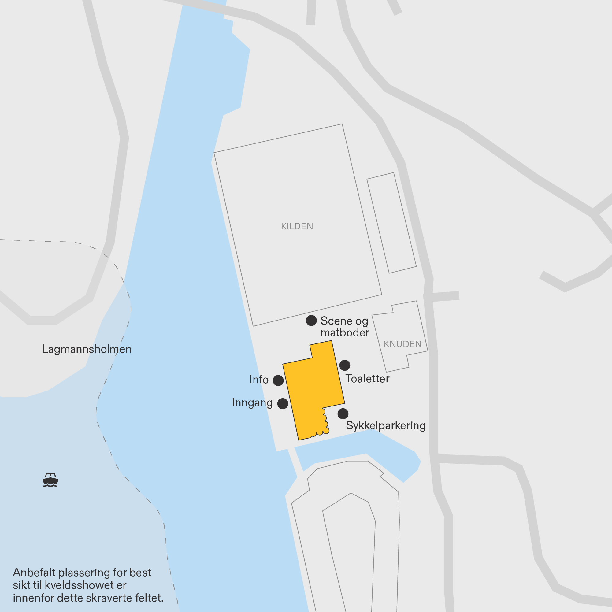 Et kart som viser info over inngang, tolaetter, scene, matboder, sykkerparkering og best utsikt mot kveldsshow