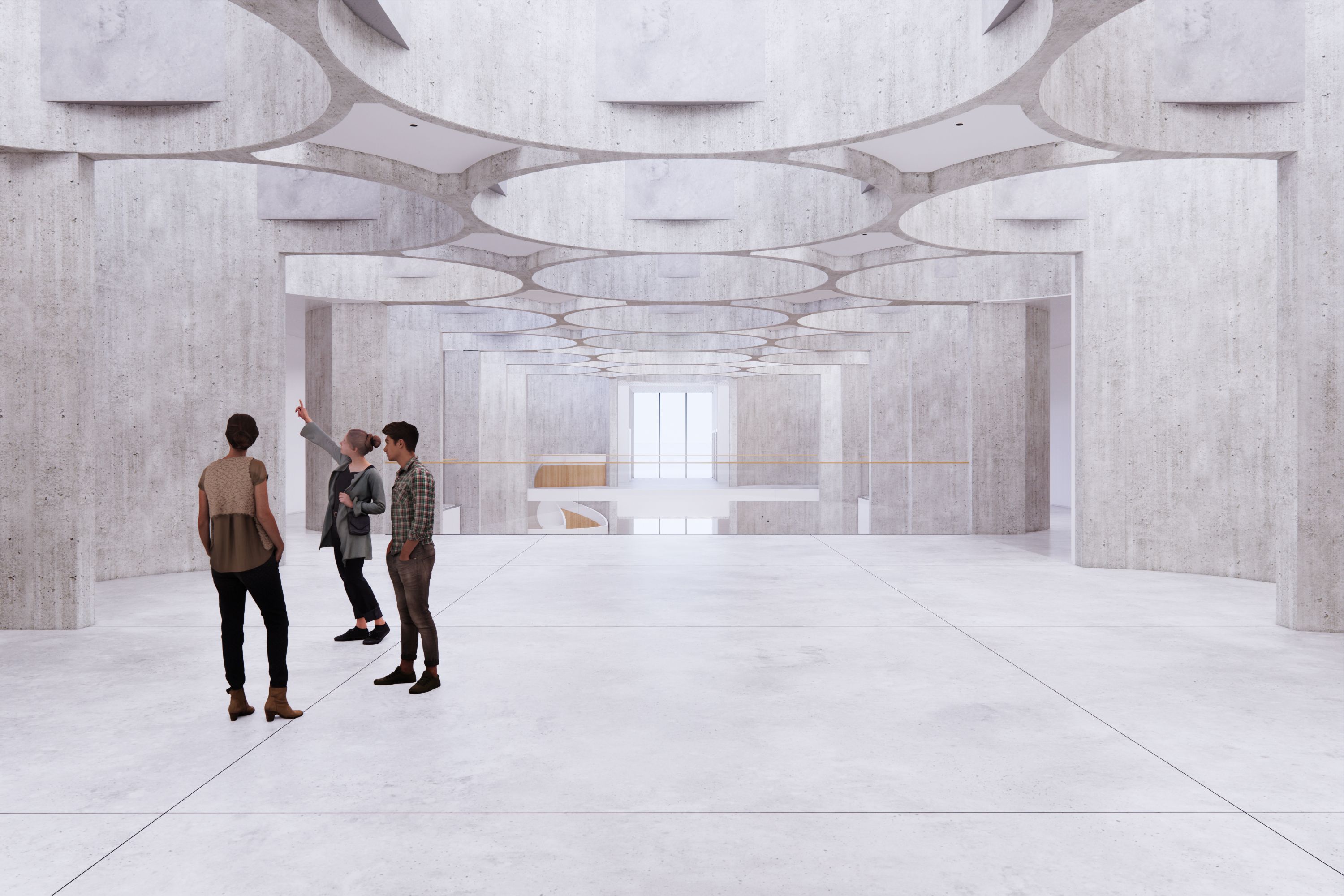 Ilustrasjon av mennesker som ser seg rundt i Kunstsilo