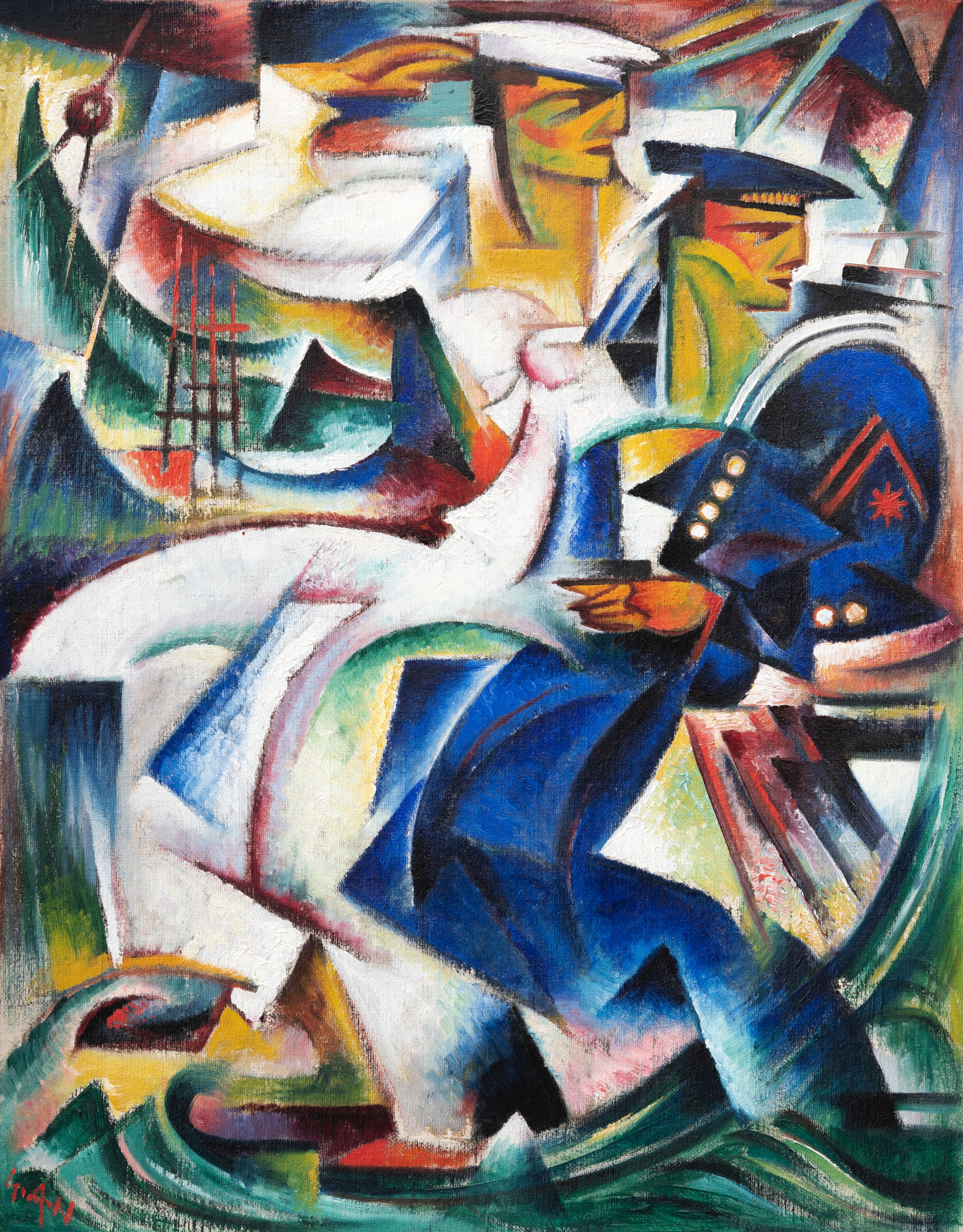 Matroser kledd i hvitt og blått omringet av bølger og skip