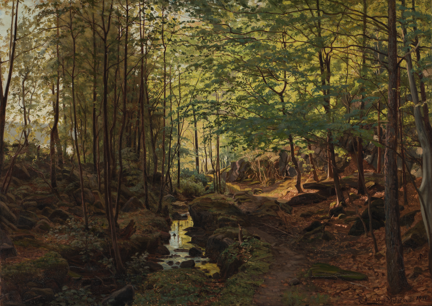 Art work showing a forest with a small river flowing thorugh