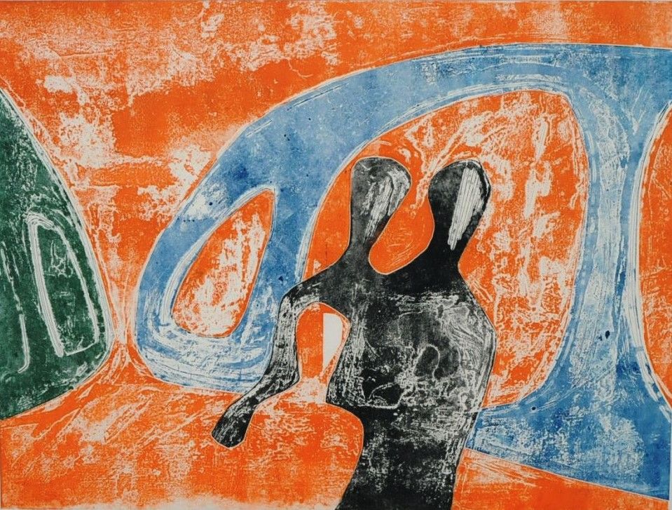 Art work in orange, blues and greens