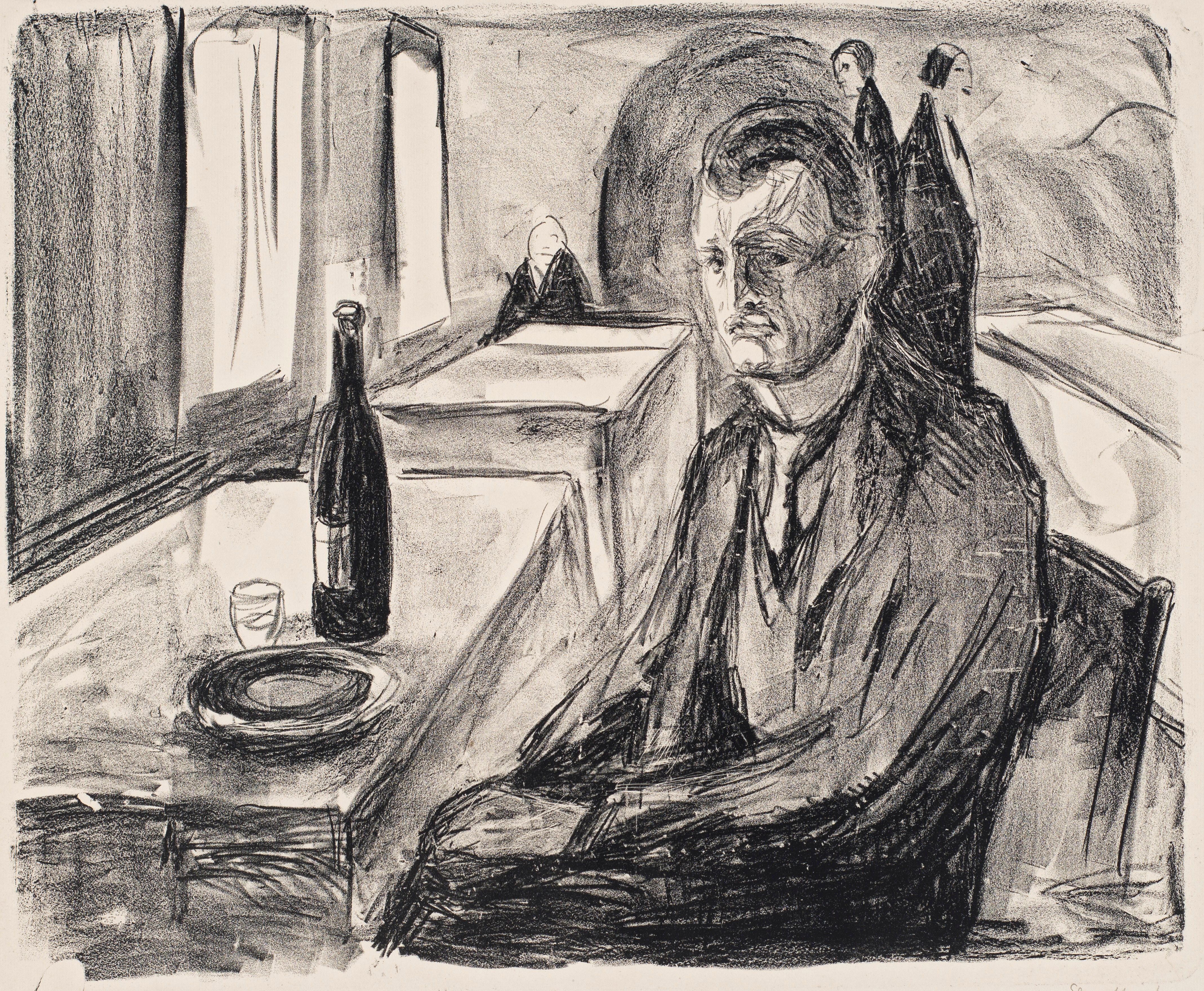 Edvard Munch, Self-portrait with a bottle of wine, 1930. Christianssands Picture Gallery. Photo: Kunstsilo