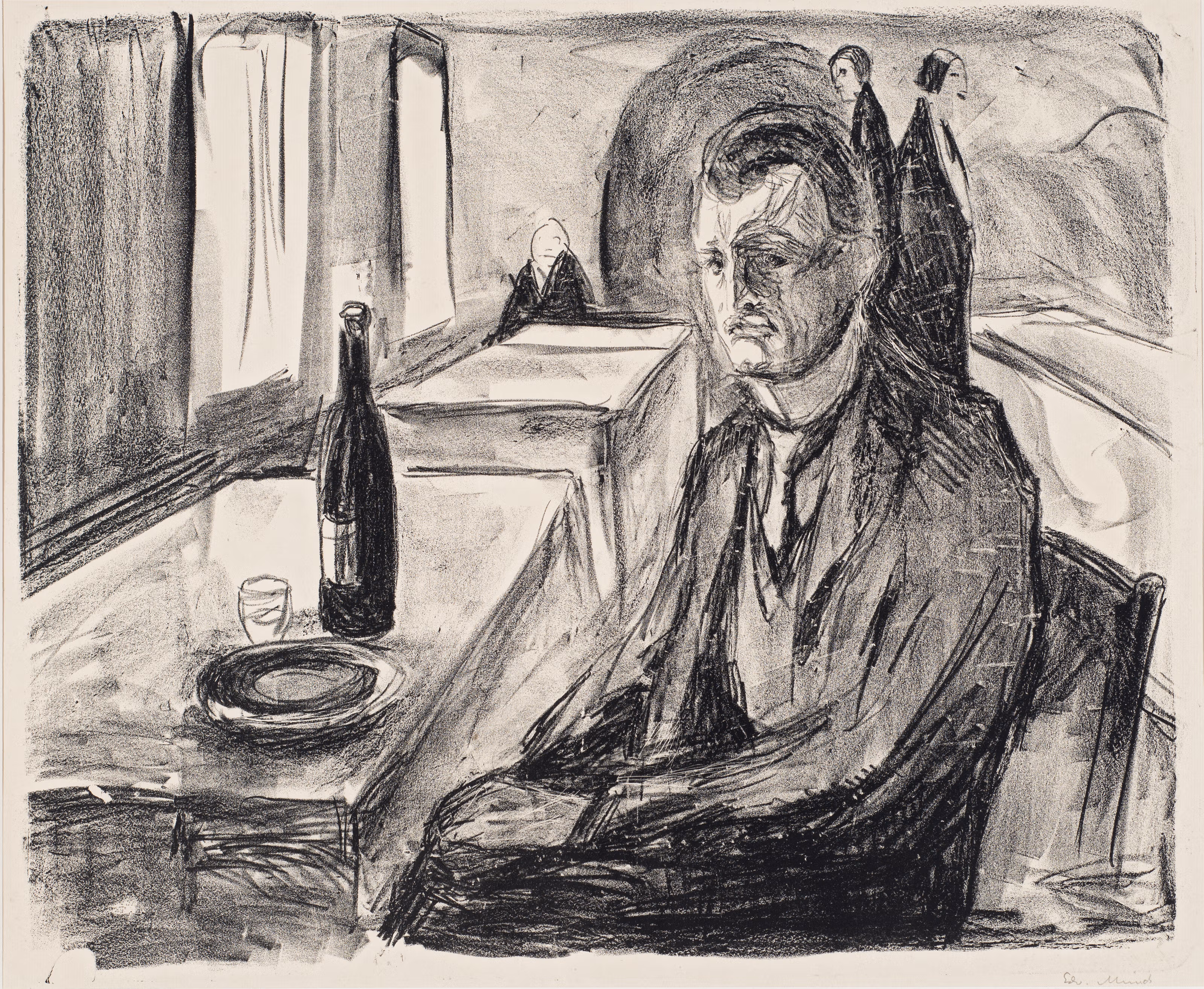 Edvard Munch, Selvportrett i restaurant, 1906, Litografi. Kunstsilo/Christianssands Billedgalleri