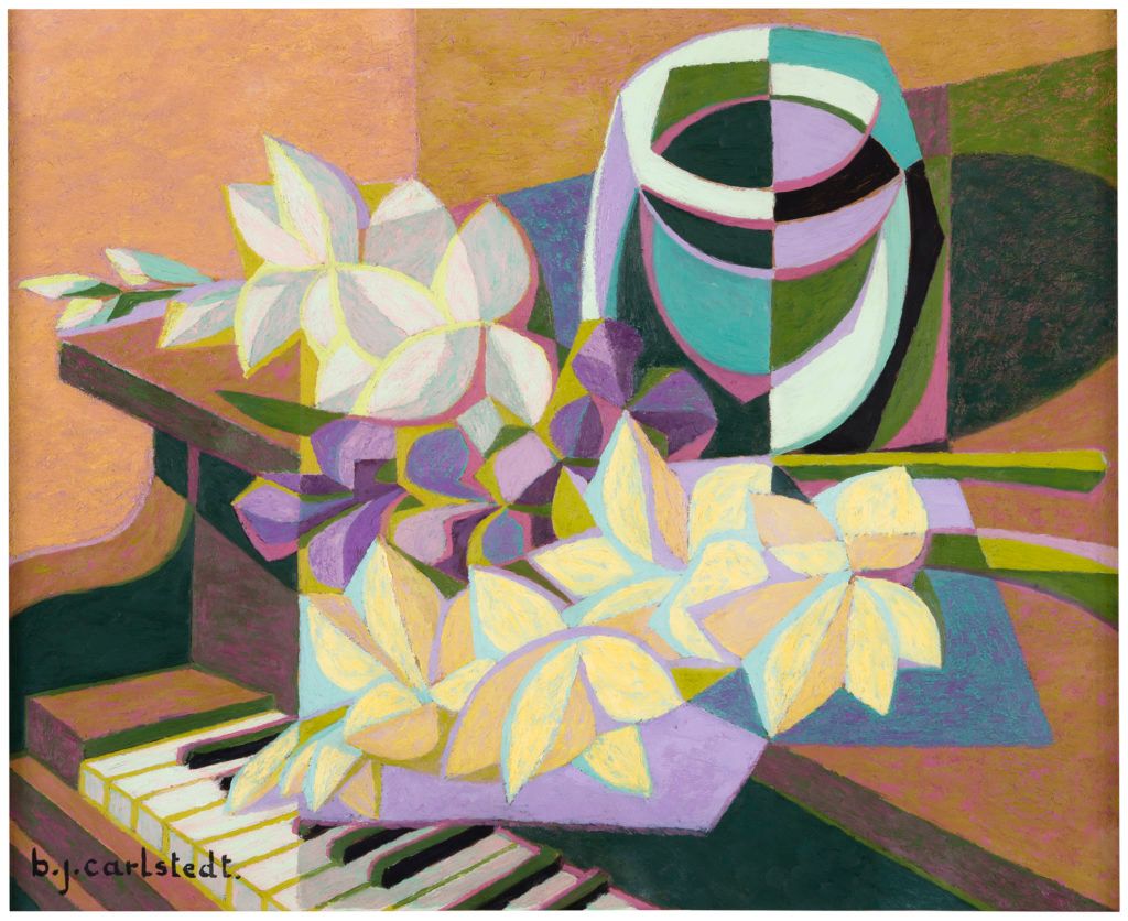 Birger Carlstedts maleri som viser et piano med blomster på toppen