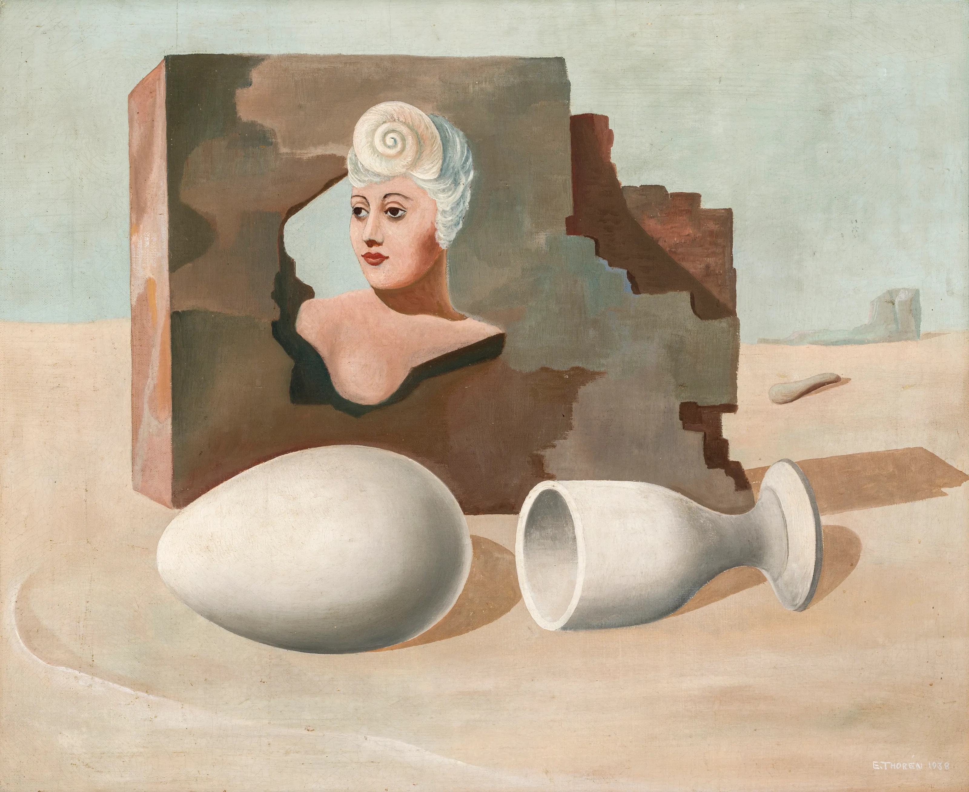 Surrealistisk maleri av en dame og et egg som har falt ut av en eggeskål