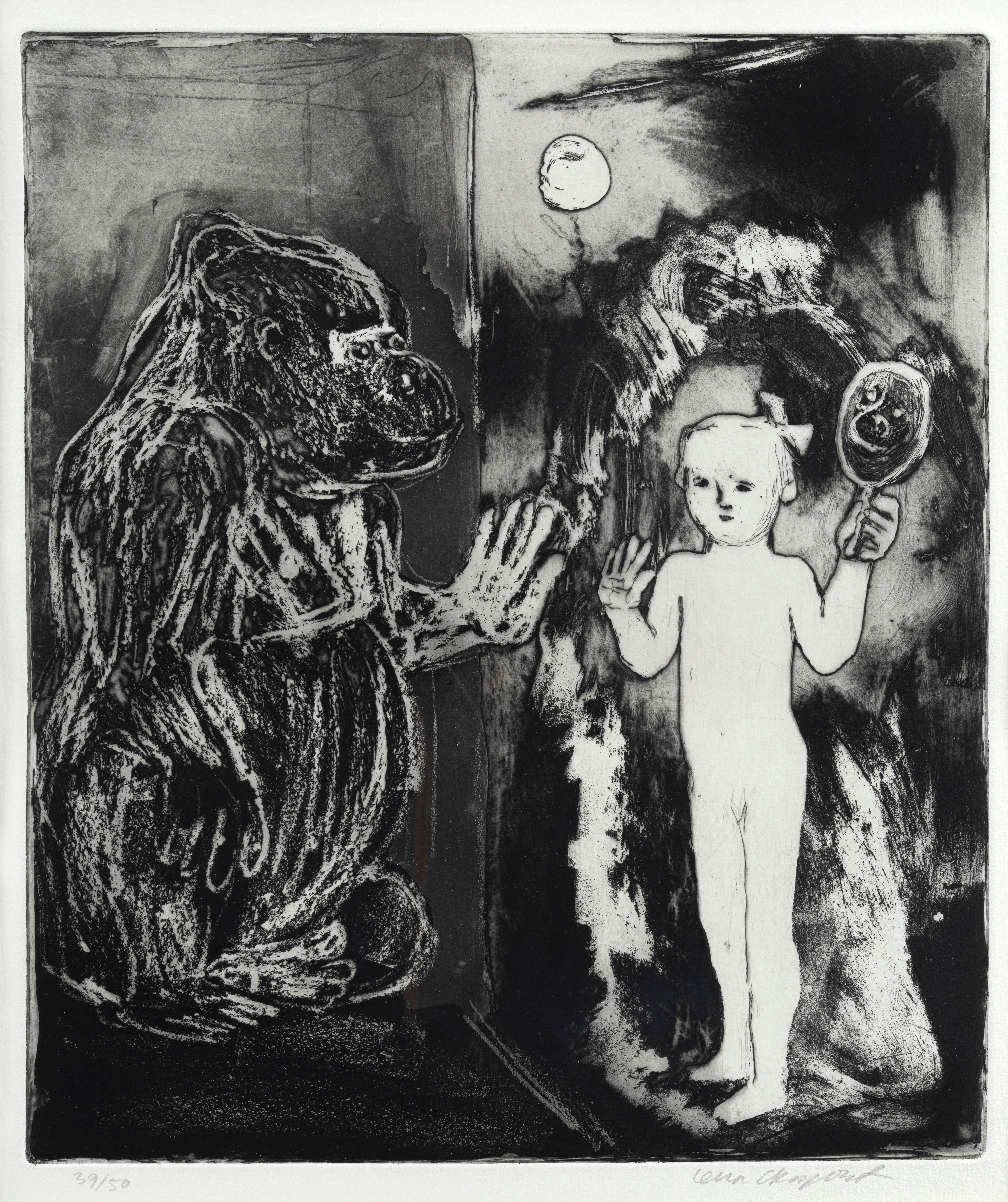 Lena Cronqvist, Pike og ape, u.d., Etsning, Kunstsilo/Tangen-samlingen.